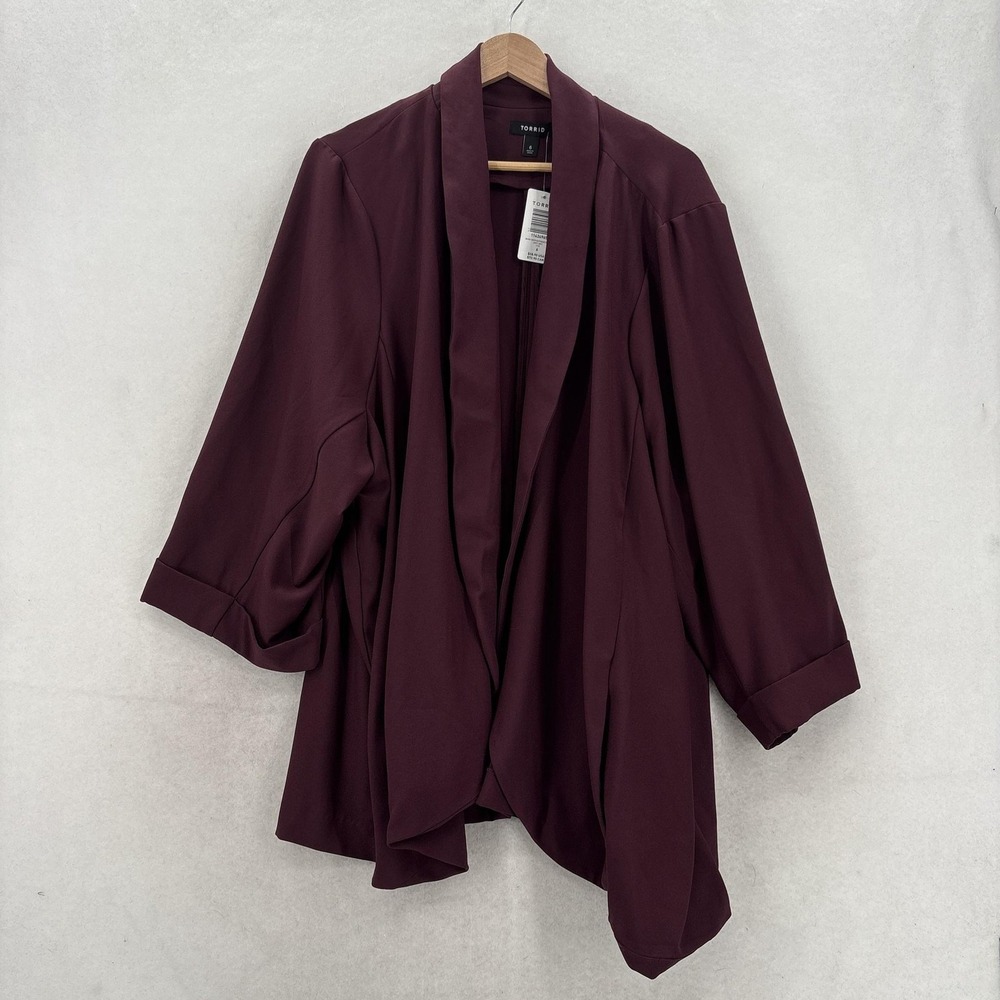 Torrid Crepe Boyfriend Blazer Womens 6X Red Shawl Collar Open Front Longline NWT